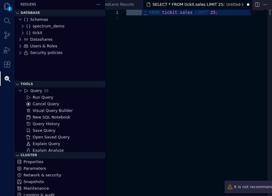The RedLens SQL editor with schema-aware completion