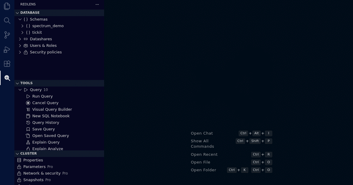 RedLens in use: the warehouse in the explorer, a query in the SQL editor, results in the grid with a foreign key marked, an execution plan warning about a broadcast join and how to fix it, and the grid again with personal data masked by default