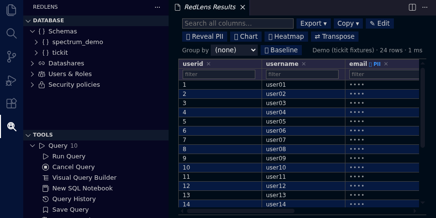 Result grid with an email column masked and marked PII