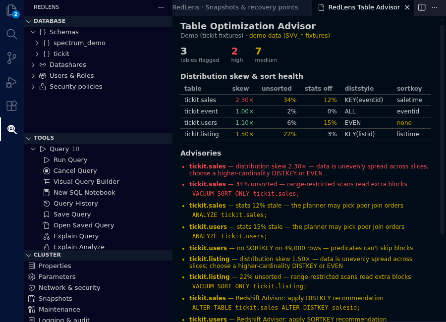 Table Optimization Advisor showing skew, unsorted percentage and stale statistics with remedial SQL